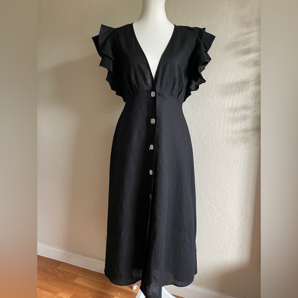 Linen cocktail Black Dress with Ruffle Sleeves - Picture 6 of 17